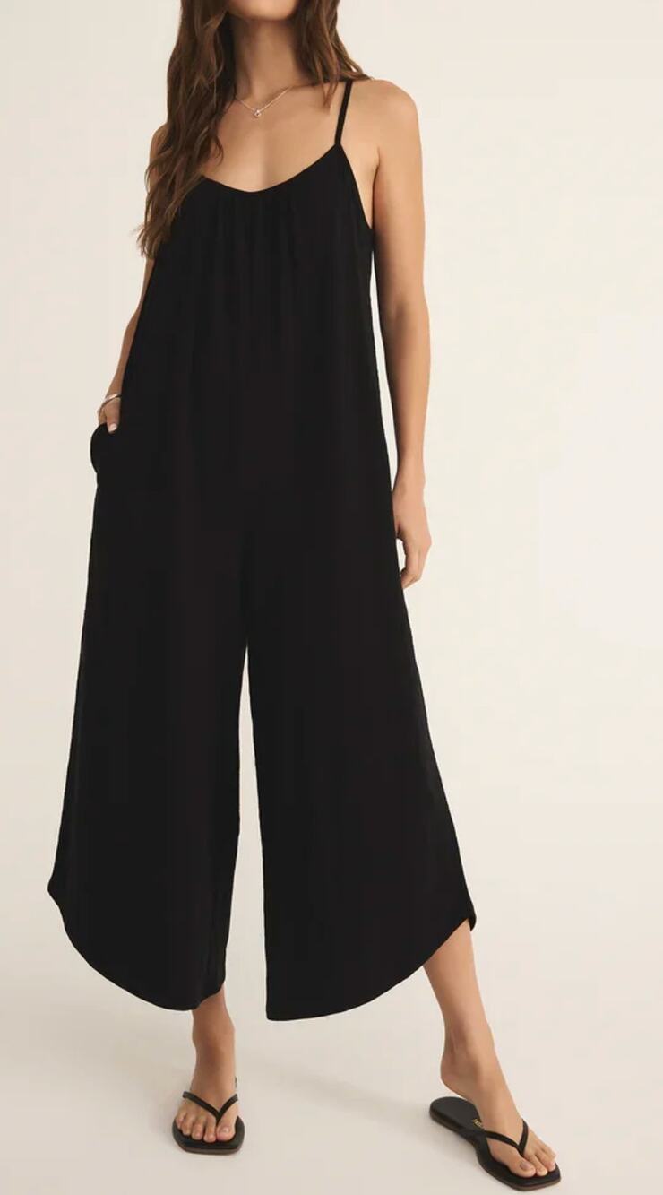 Z Supply Textured Flared Wide Leg Cropped Waistless Jumpsuit Black Medium